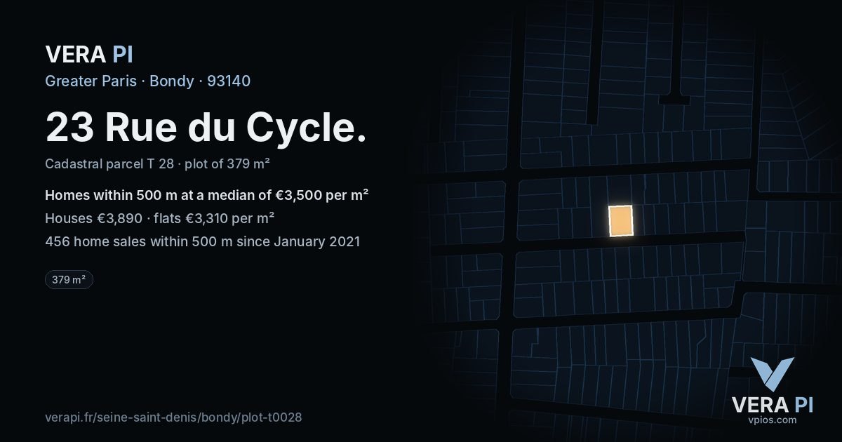 23 Rue du Cycle, Bondy at night – the plot lit, the parcels around coloured by the prices near them