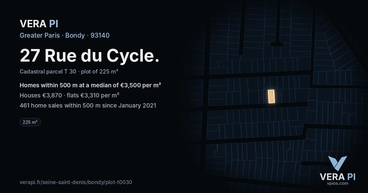 27 Rue du Cycle, Bondy at night – the plot lit, the parcels around coloured by the prices near them