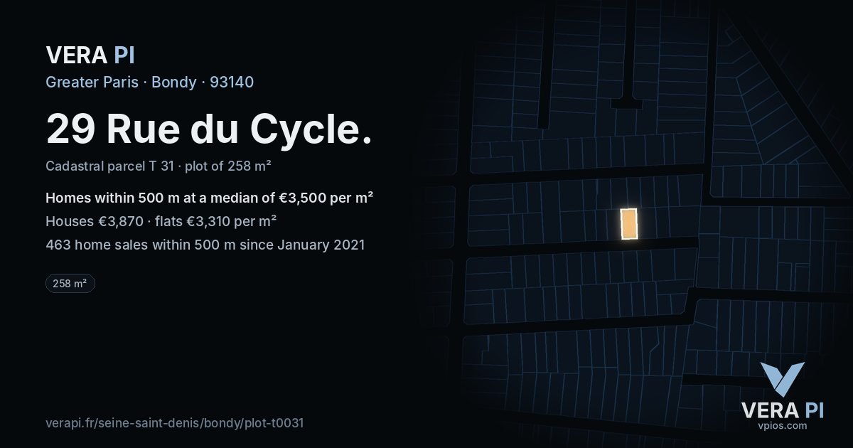 29 Rue du Cycle, Bondy at night – the plot lit, the parcels around coloured by the prices near them