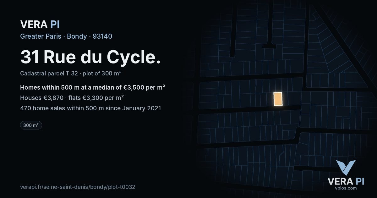 31 Rue du Cycle, Bondy at night – the plot lit, the parcels around coloured by the prices near them