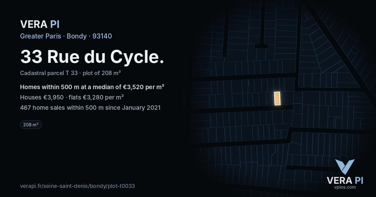 33 Rue du Cycle, Bondy at night – the plot lit, the parcels around coloured by the prices near them