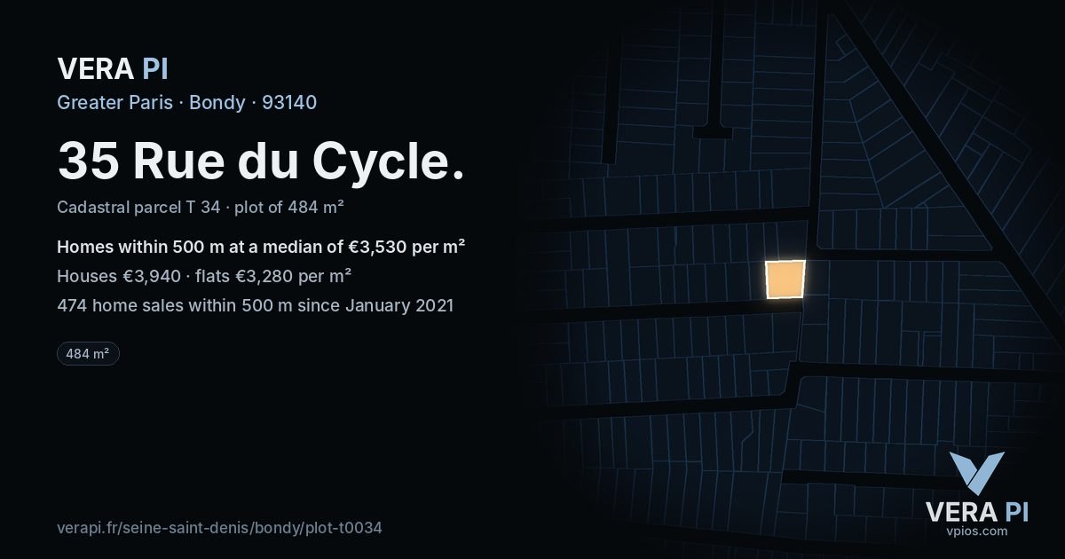35 Rue du Cycle, Bondy at night – the plot lit, the parcels around coloured by the prices near them
