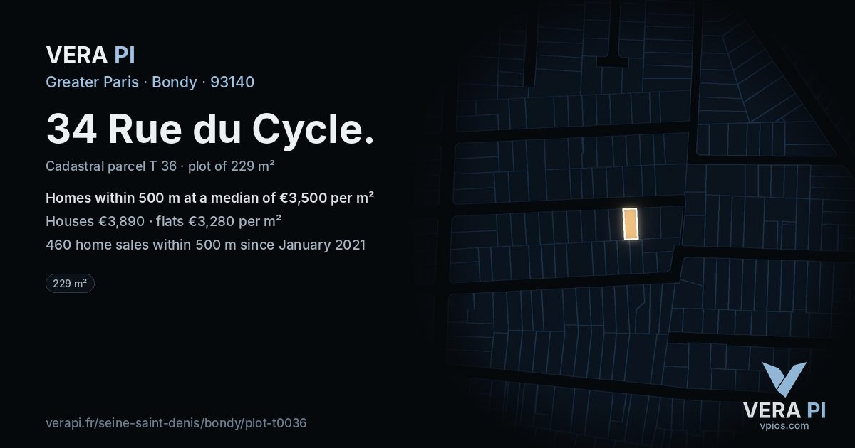 34 Rue du Cycle, Bondy at night – the plot lit, the parcels around coloured by the prices near them