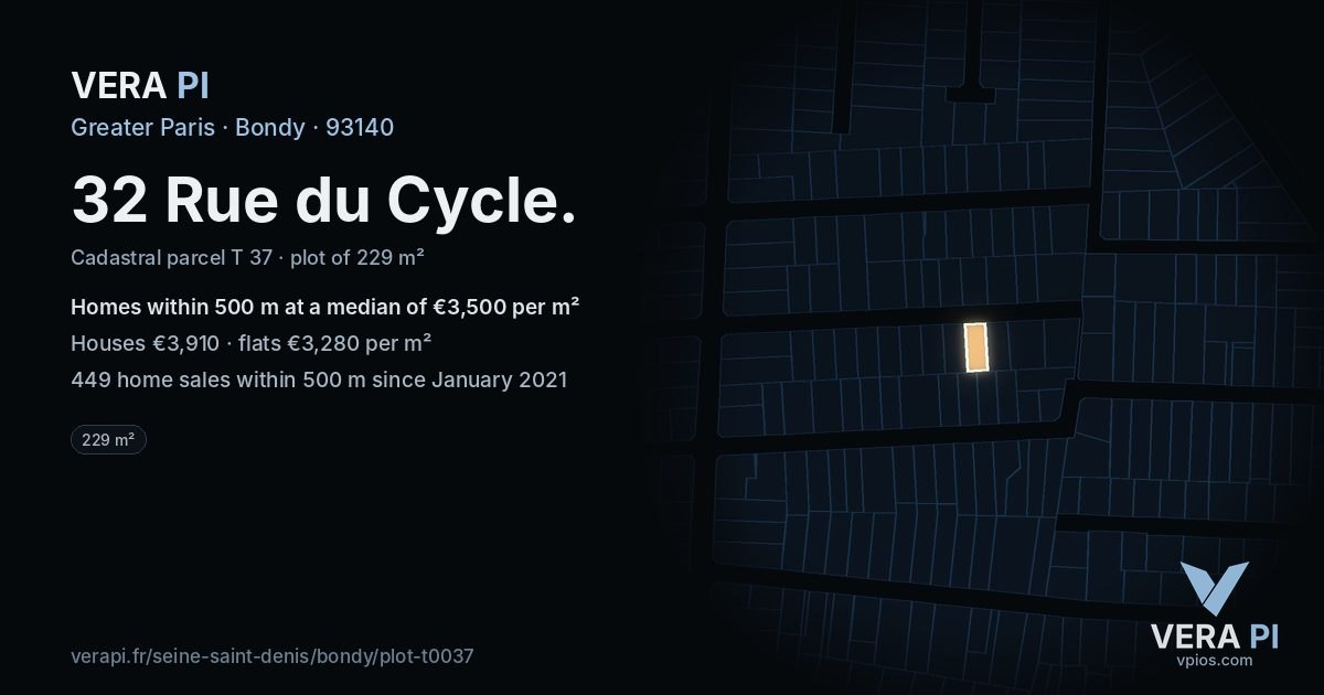 32 Rue du Cycle, Bondy at night – the plot lit, the parcels around coloured by the prices near them