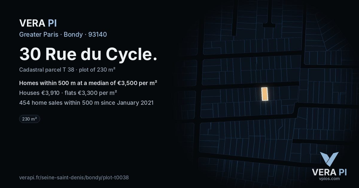 30 Rue du Cycle, Bondy at night – the plot lit, the parcels around coloured by the prices near them