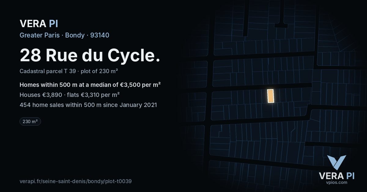 28 Rue du Cycle, Bondy at night – the plot lit, the parcels around coloured by the prices near them