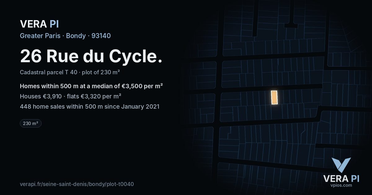 26 Rue du Cycle, Bondy at night – the plot lit, the parcels around coloured by the prices near them