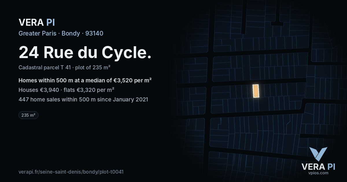 24 Rue du Cycle, Bondy at night – the plot lit, the parcels around coloured by the prices near them