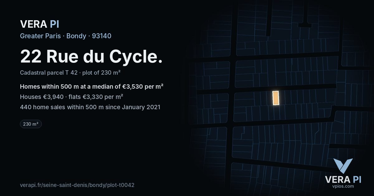 22 Rue du Cycle, Bondy at night – the plot lit, the parcels around coloured by the prices near them
