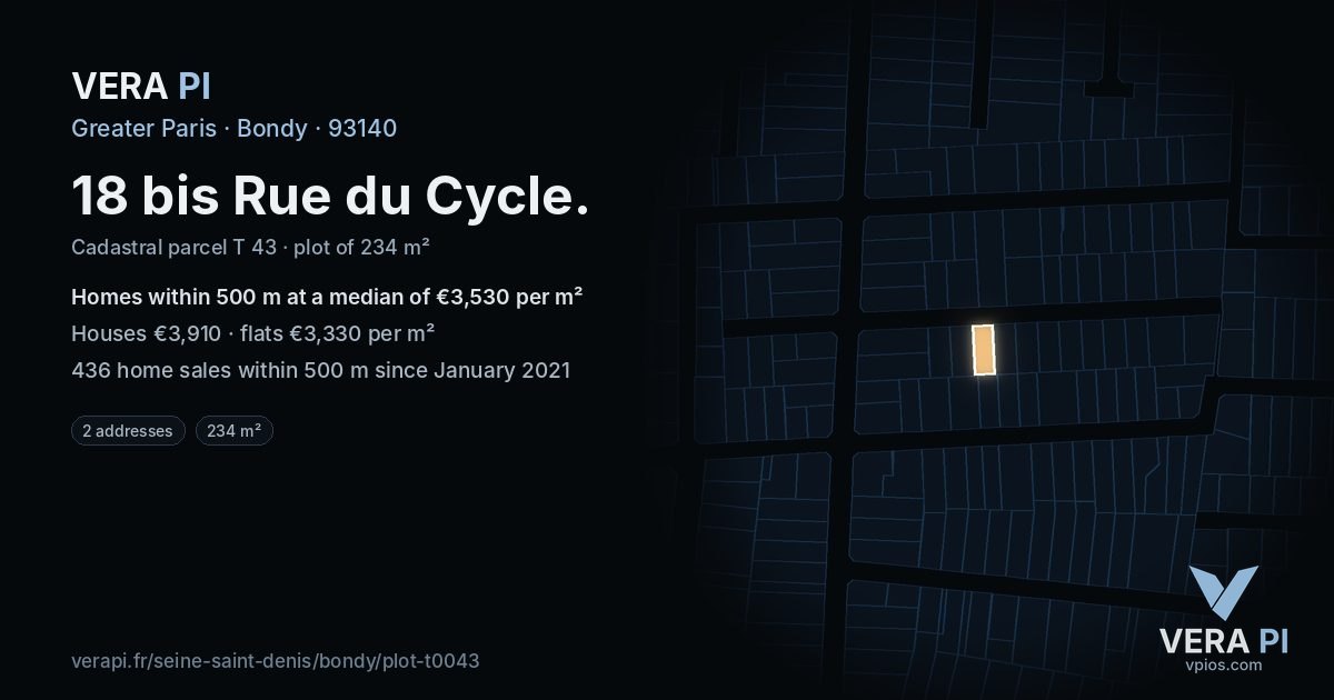 18 bis Rue du Cycle, Bondy at night – the plot lit, the parcels around coloured by the prices near them