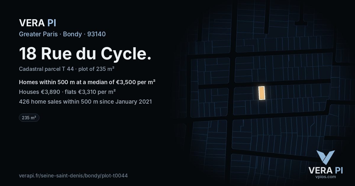 18 Rue du Cycle, Bondy at night – the plot lit, the parcels around coloured by the prices near them