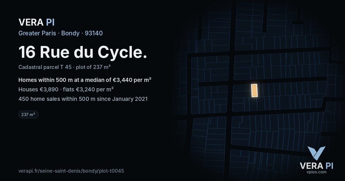 16 Rue du Cycle, Bondy at night – the plot lit, the parcels around coloured by the prices near them