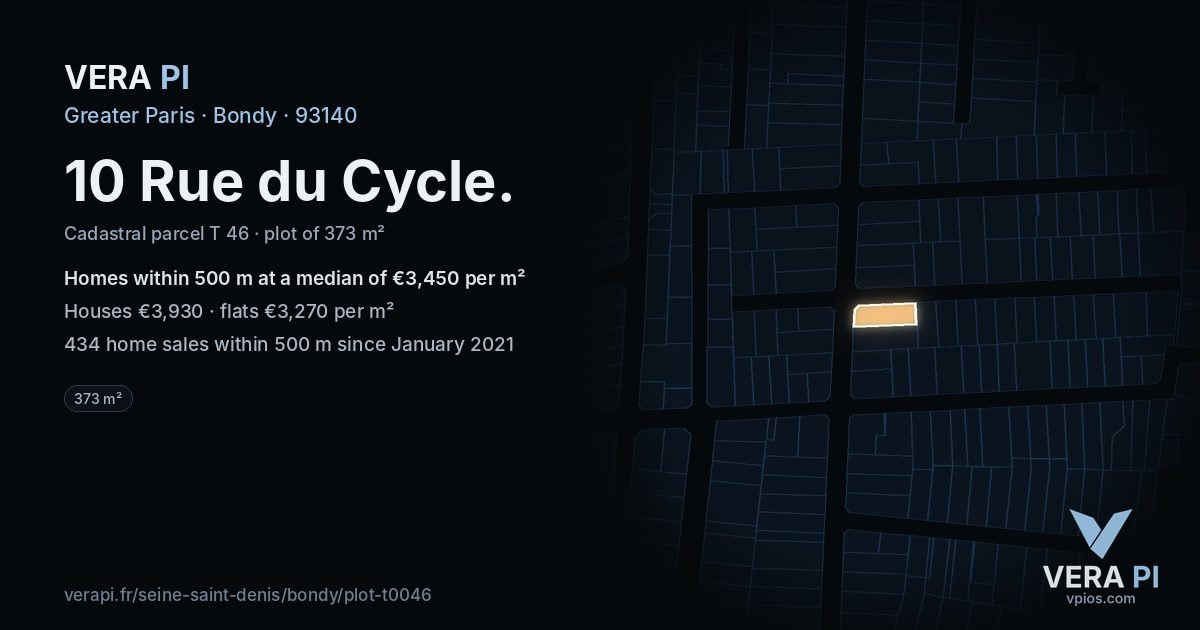 10 Rue du Cycle, Bondy at night – the plot lit, the parcels around coloured by the prices near them