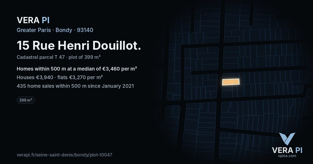 15 Rue Henri Douillot, Bondy at night – the plot lit, the parcels around coloured by the prices near them