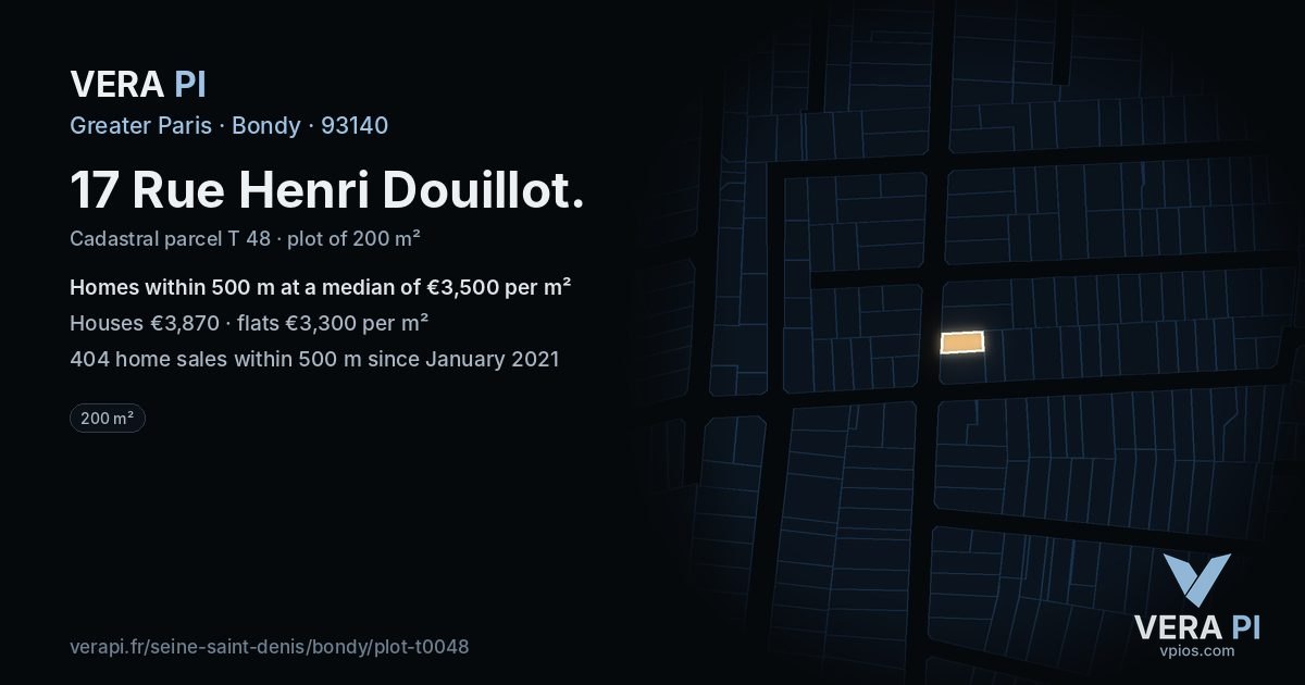 17 Rue Henri Douillot, Bondy at night – the plot lit, the parcels around coloured by the prices near them