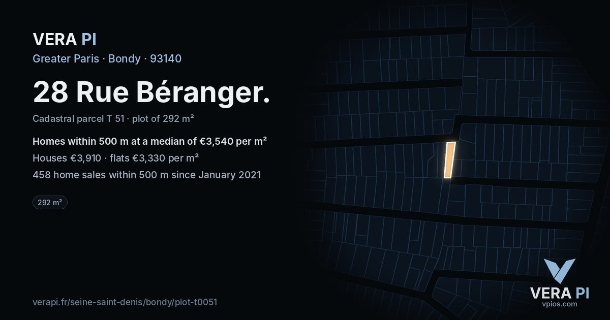 28 Rue Béranger, Bondy at night – the plot lit, the parcels around coloured by the prices near them
