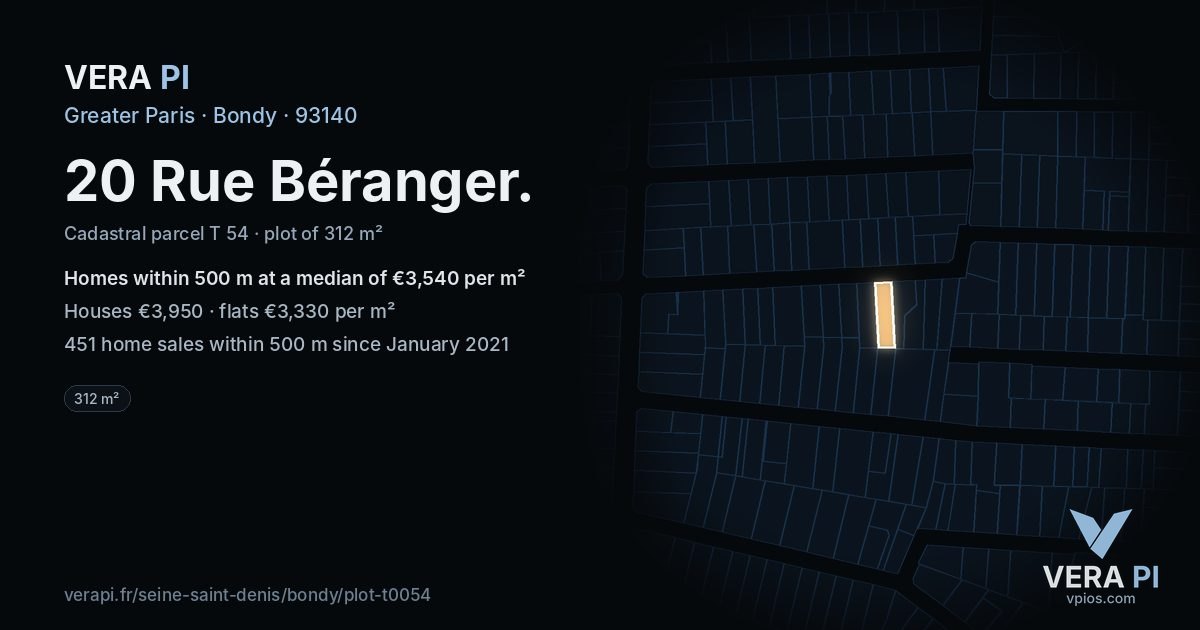 20 Rue Béranger, Bondy at night – the plot lit, the parcels around coloured by the prices near them