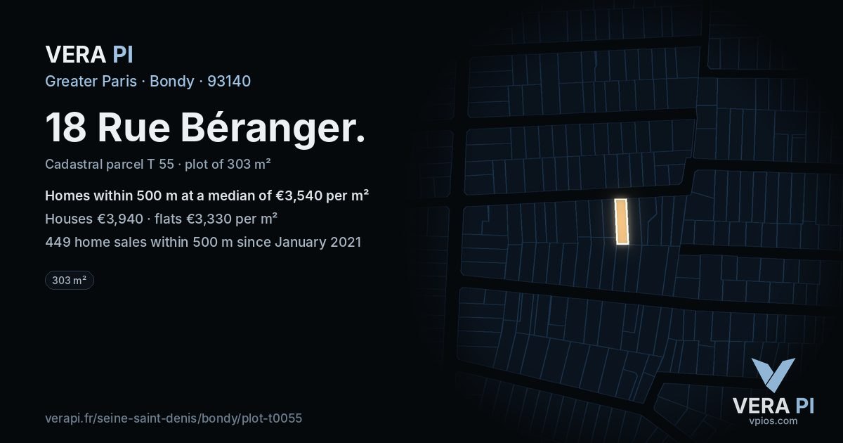18 Rue Béranger, Bondy at night – the plot lit, the parcels around coloured by the prices near them