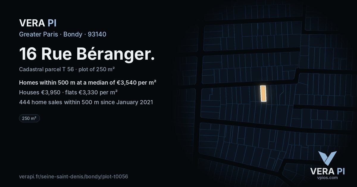 16 Rue Béranger, Bondy at night – the plot lit, the parcels around coloured by the prices near them