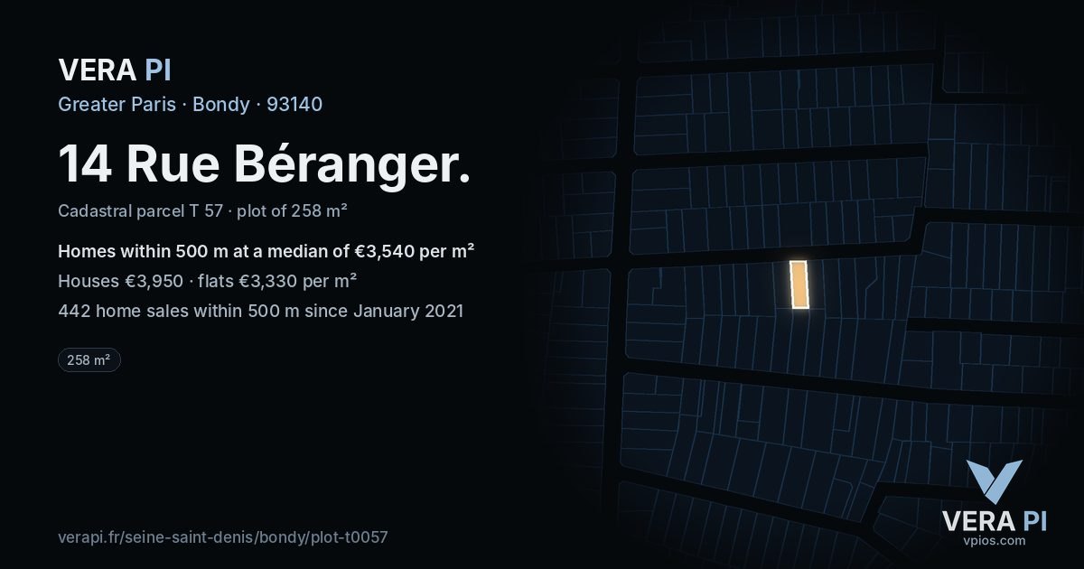 14 Rue Béranger, Bondy at night – the plot lit, the parcels around coloured by the prices near them
