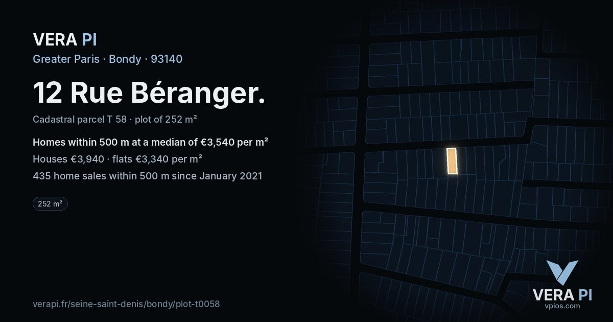 12 Rue Béranger, Bondy at night – the plot lit, the parcels around coloured by the prices near them