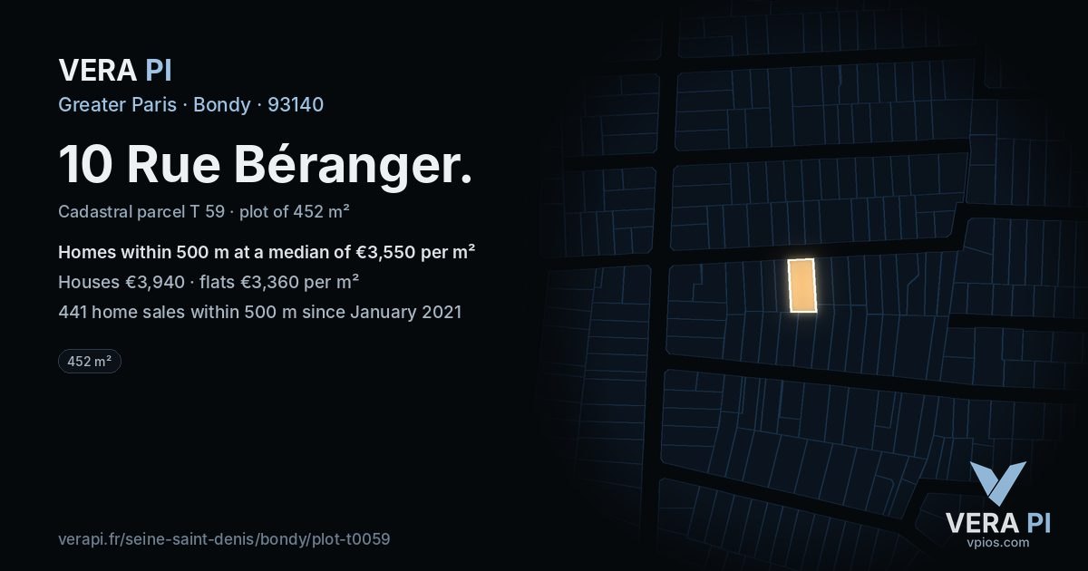 10 Rue Béranger, Bondy at night – the plot lit, the parcels around coloured by the prices near them