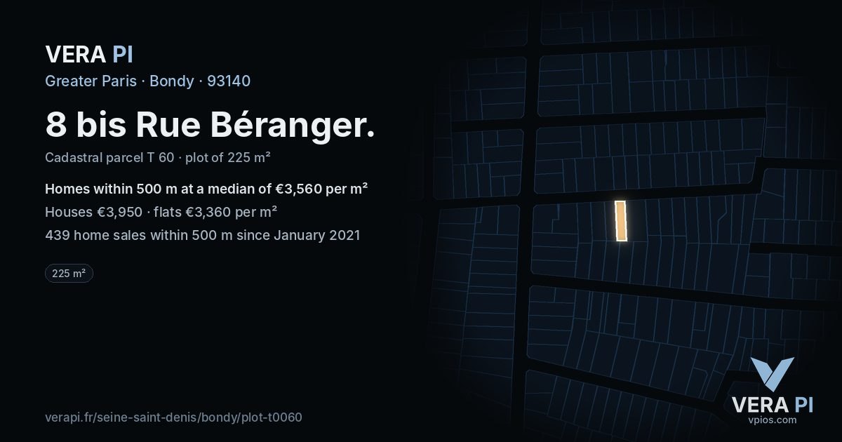 8 bis Rue Béranger, Bondy at night – the plot lit, the parcels around coloured by the prices near them