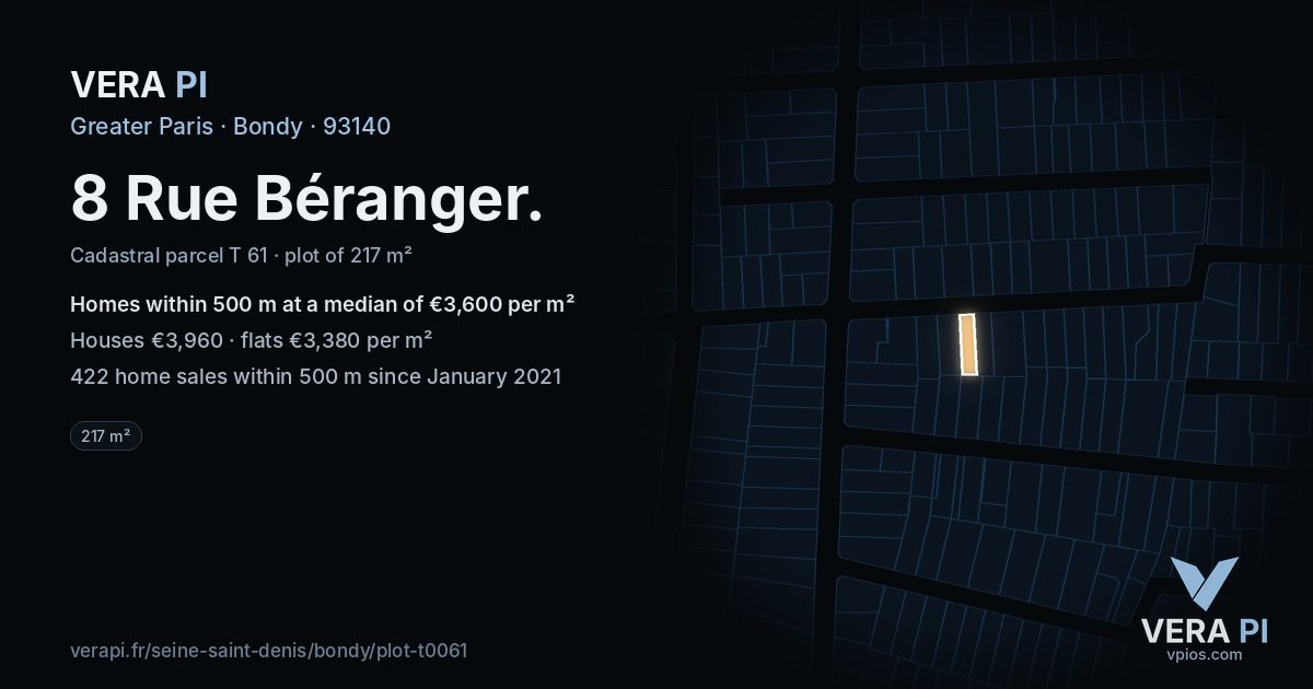 8 Rue Béranger, Bondy at night – the plot lit, the parcels around coloured by the prices near them