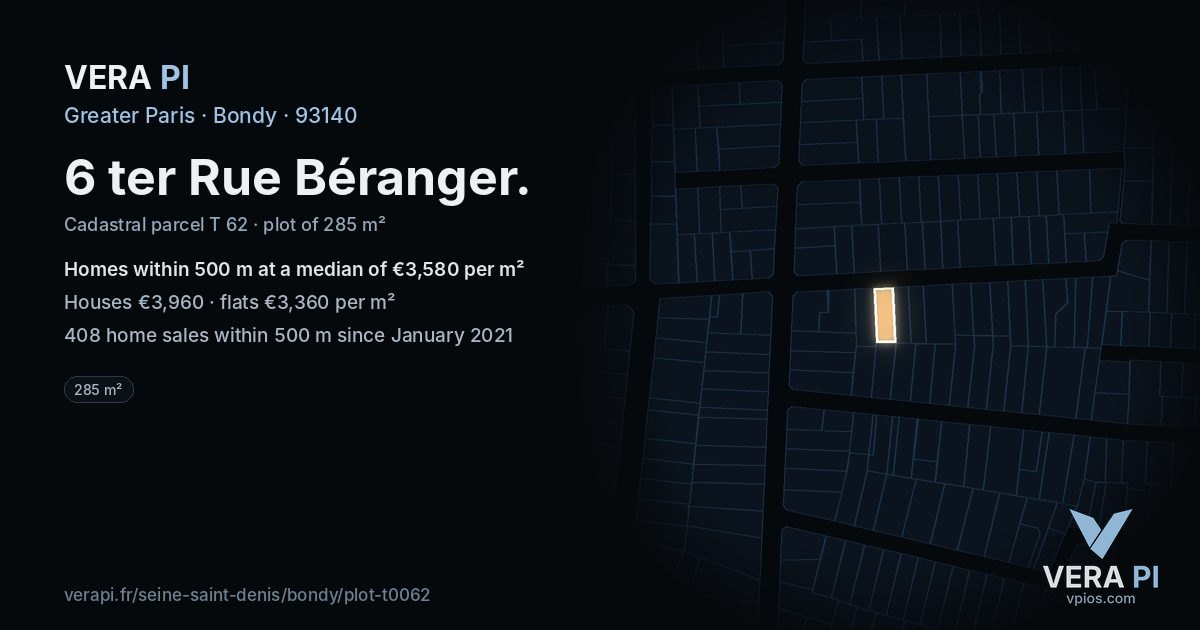 6 ter Rue Béranger, Bondy at night – the plot lit, the parcels around coloured by the prices near them