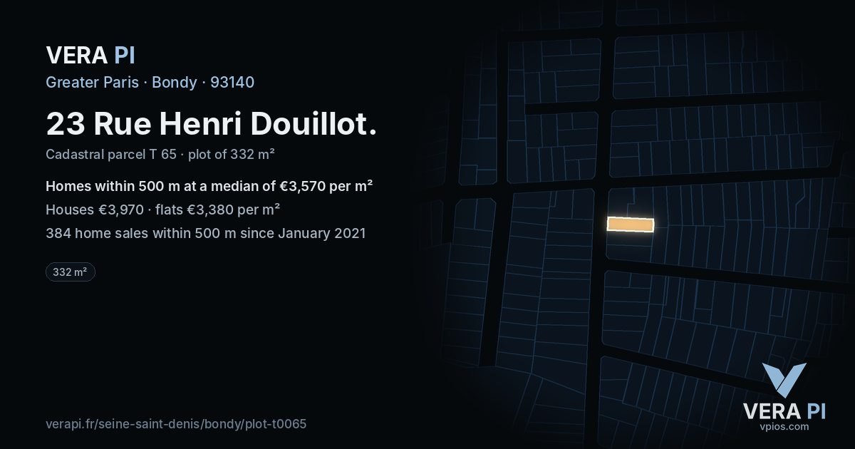 23 Rue Henri Douillot, Bondy at night – the plot lit, the parcels around coloured by the prices near them