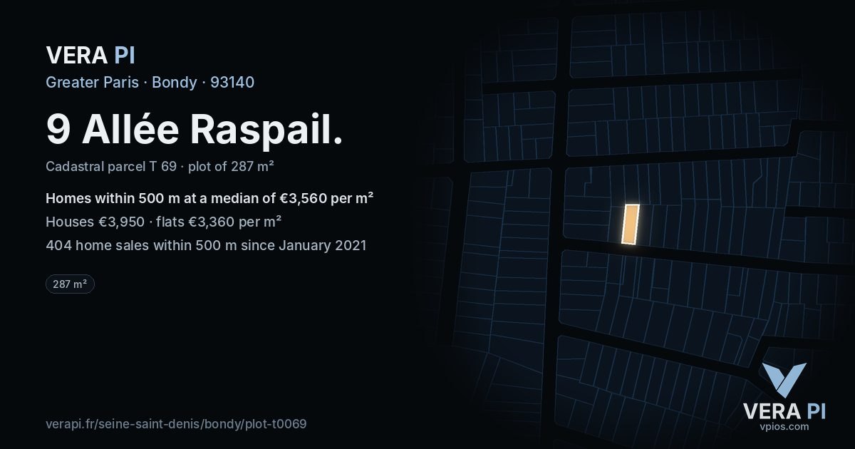 9 Allée Raspail, Bondy at night – the plot lit, the parcels around coloured by the prices near them