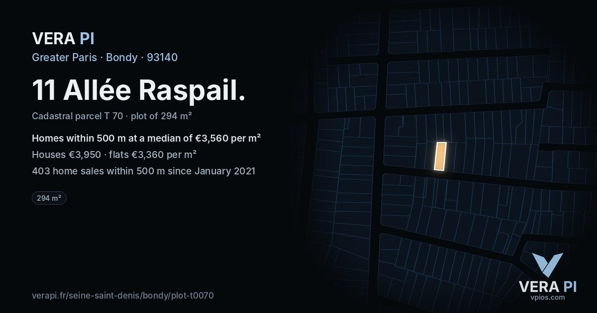 11 Allée Raspail, Bondy at night – the plot lit, the parcels around coloured by the prices near them