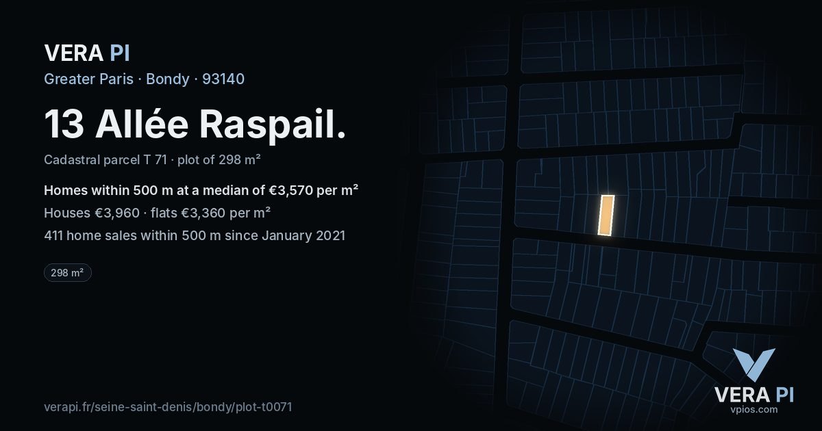13 Allée Raspail, Bondy at night – the plot lit, the parcels around coloured by the prices near them