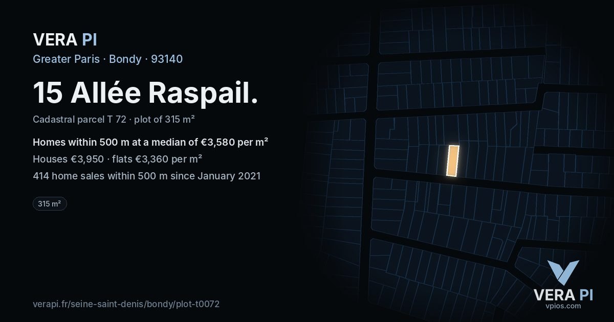 15 Allée Raspail, Bondy at night – the plot lit, the parcels around coloured by the prices near them