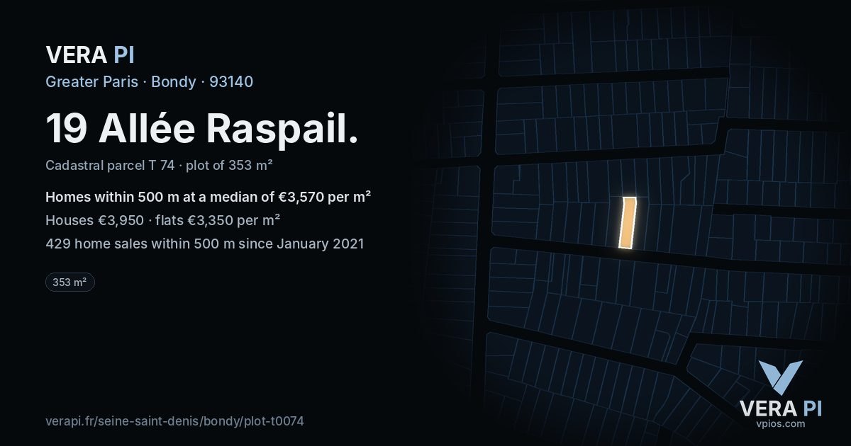 19 Allée Raspail, Bondy at night – the plot lit, the parcels around coloured by the prices near them