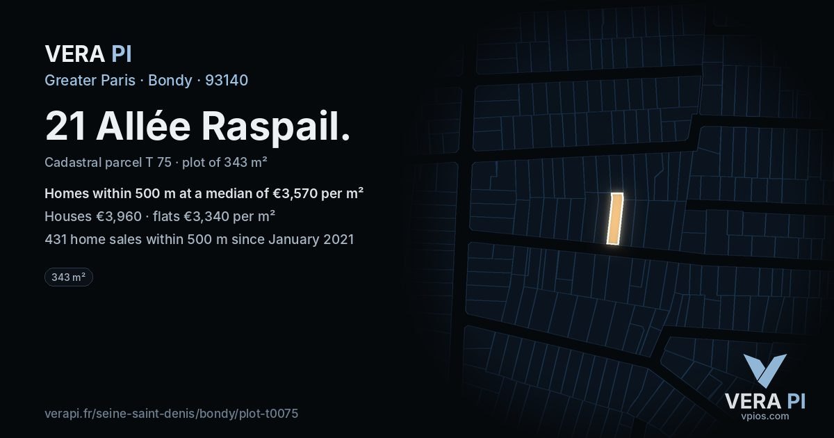 21 Allée Raspail, Bondy at night – the plot lit, the parcels around coloured by the prices near them