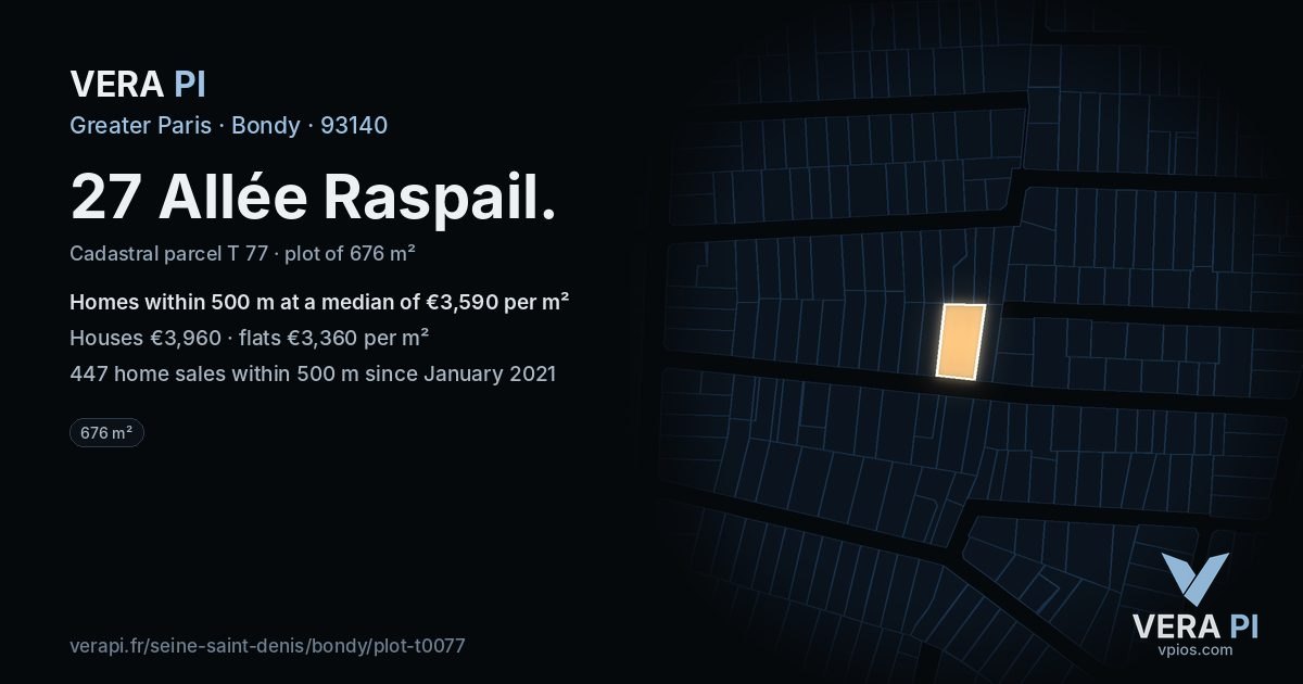 27 Allée Raspail, Bondy at night – the plot lit, the parcels around coloured by the prices near them