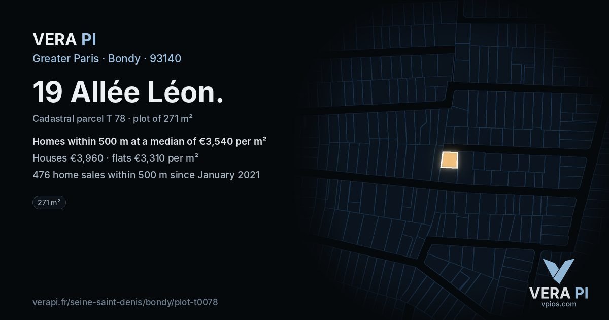 19 Allée Léon, Bondy at night – the plot lit, the parcels around coloured by the prices near them