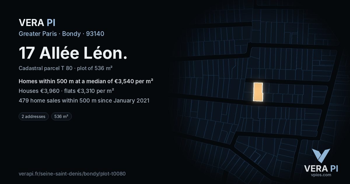 17 Allée Léon, Bondy at night – the plot lit, the parcels around coloured by the prices near them