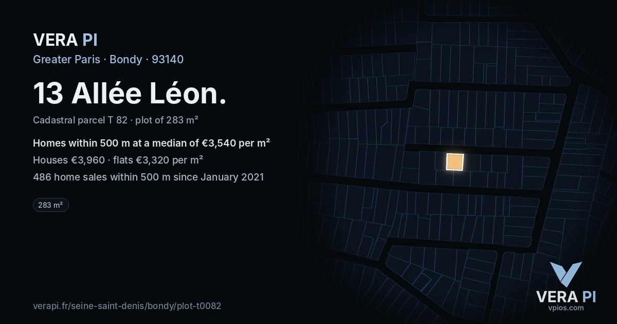 13 Allée Léon, Bondy at night – the plot lit, the parcels around coloured by the prices near them