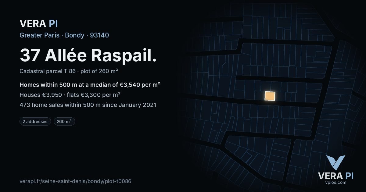 37 Allée Raspail, Bondy at night – the plot lit, the parcels around coloured by the prices near them