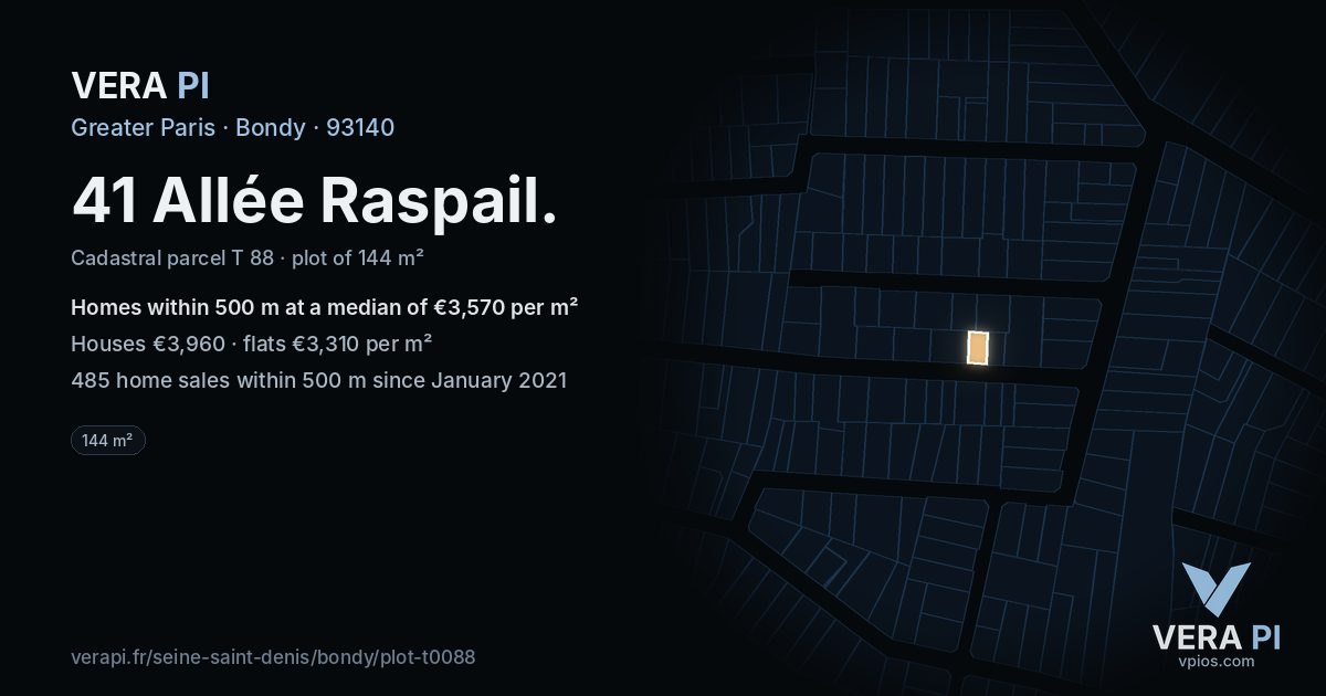 41 Allée Raspail, Bondy at night – the plot lit, the parcels around coloured by the prices near them