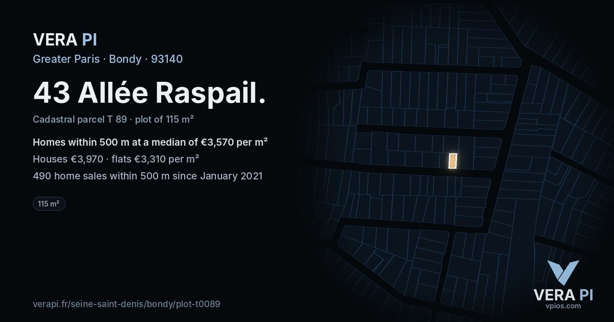 43 Allée Raspail, Bondy at night – the plot lit, the parcels around coloured by the prices near them