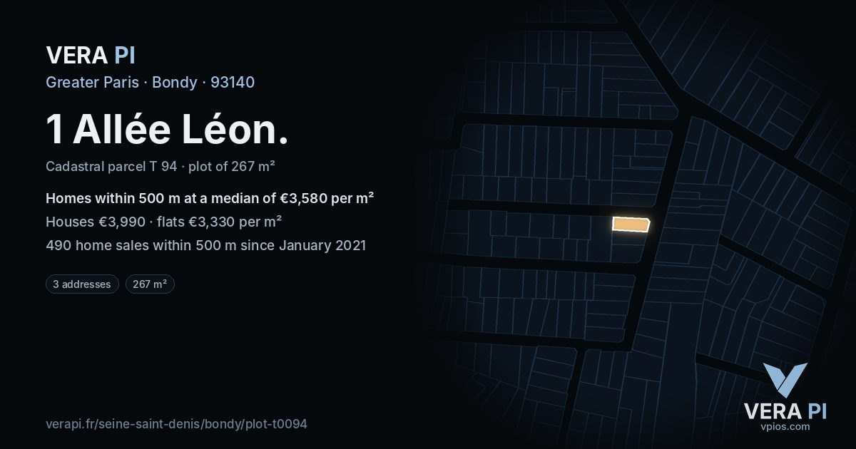1 Allée Léon, Bondy at night – the plot lit, the parcels around coloured by the prices near them
