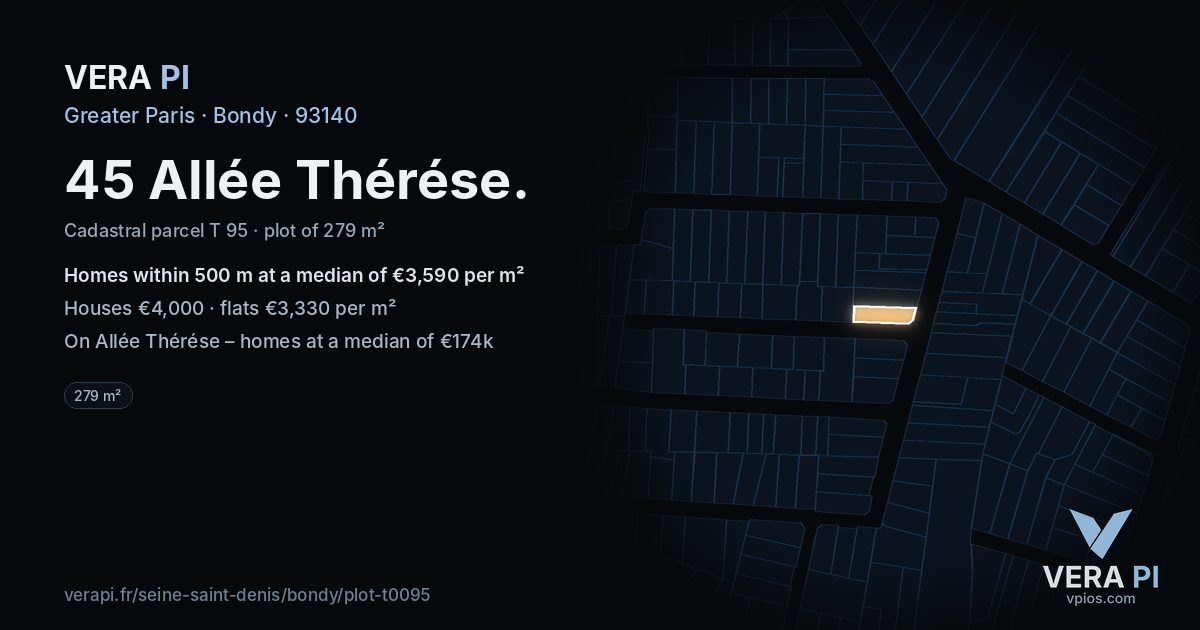 45 Allée Thérése, Bondy at night – the plot lit, the parcels around coloured by the prices near them