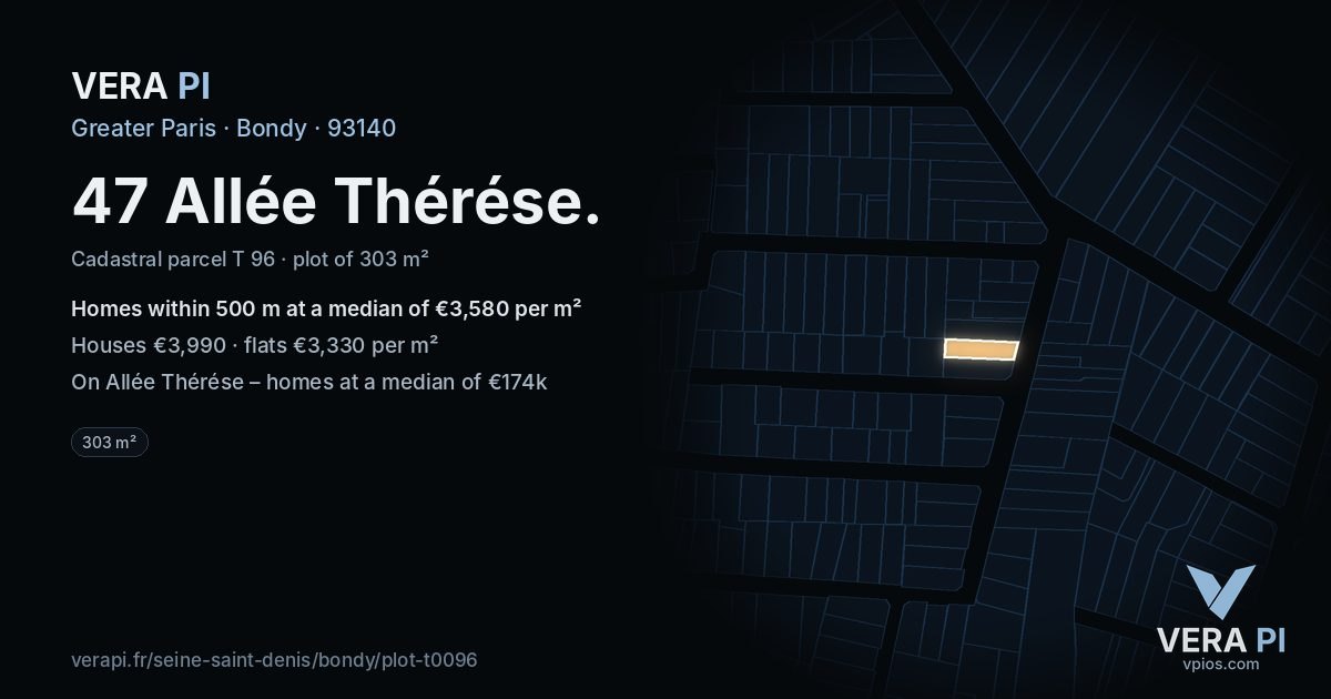 47 Allée Thérése, Bondy at night – the plot lit, the parcels around coloured by the prices near them