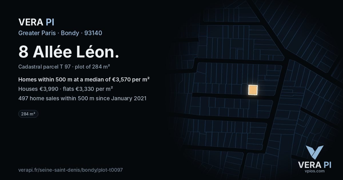 8 Allée Léon, Bondy at night – the plot lit, the parcels around coloured by the prices near them