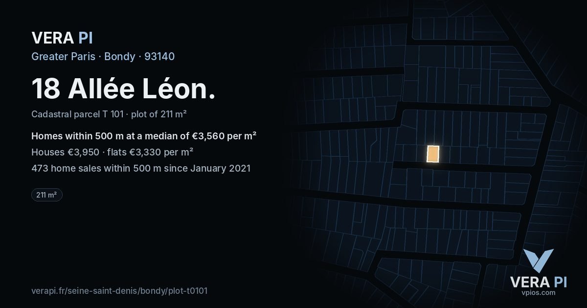 18 Allée Léon, Bondy at night – the plot lit, the parcels around coloured by the prices near them