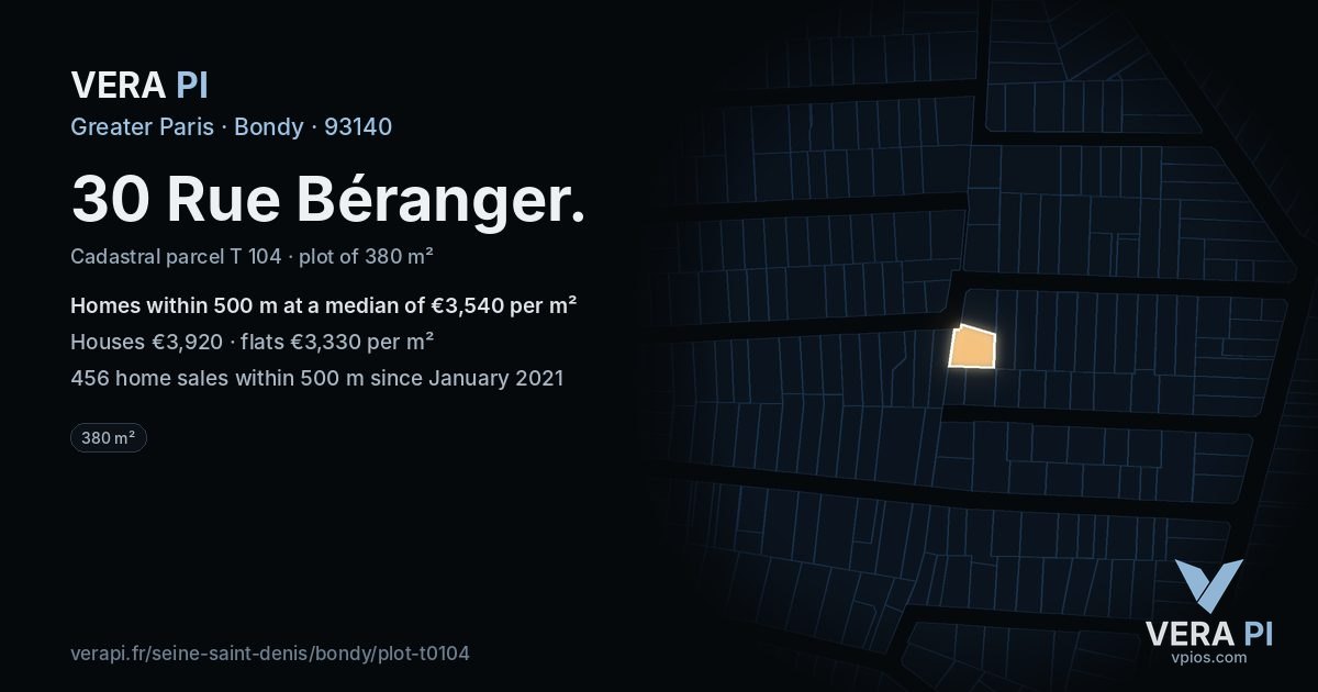 30 Rue Béranger, Bondy at night – the plot lit, the parcels around coloured by the prices near them