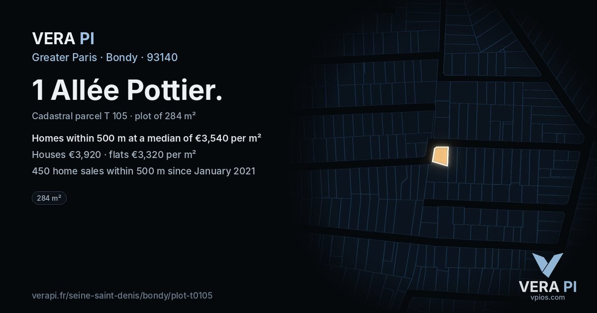 1 Allée Pottier, Bondy at night – the plot lit, the parcels around coloured by the prices near them